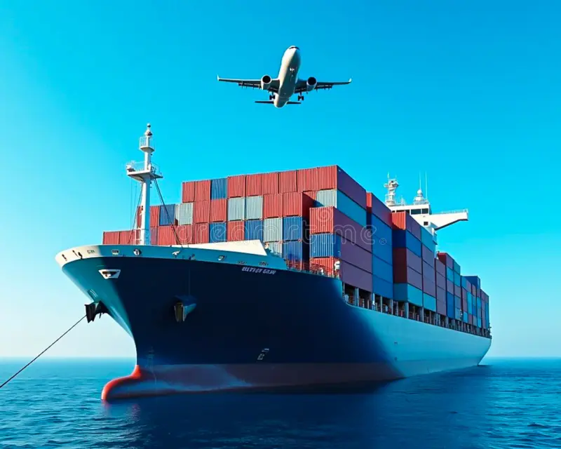 Global logistics container ship and airplane