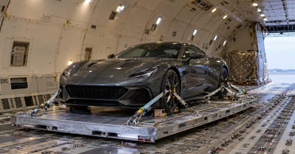Luxury sports car strapped to an air cargo pallet inside a cargo aircraft hold
