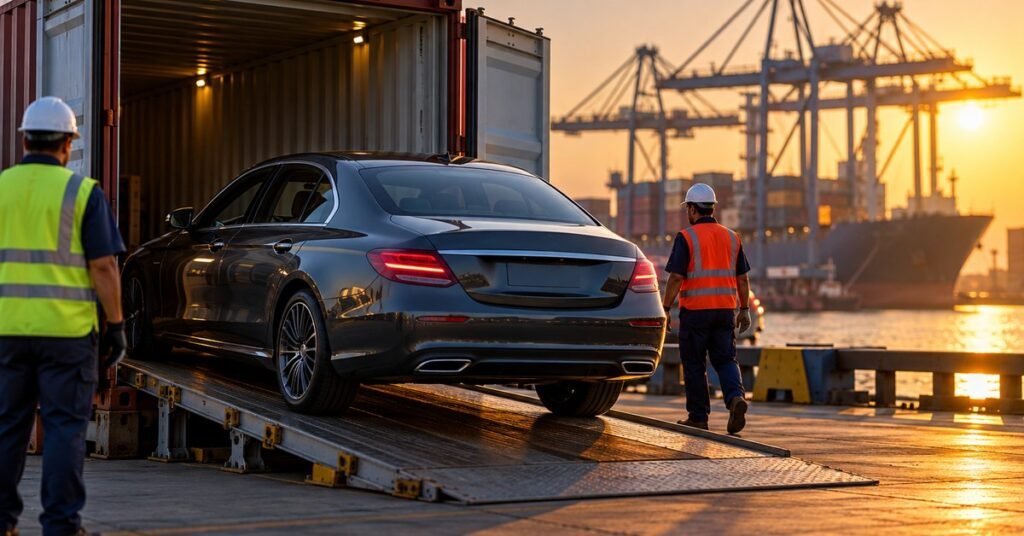 Car being unloaded from a container at a port