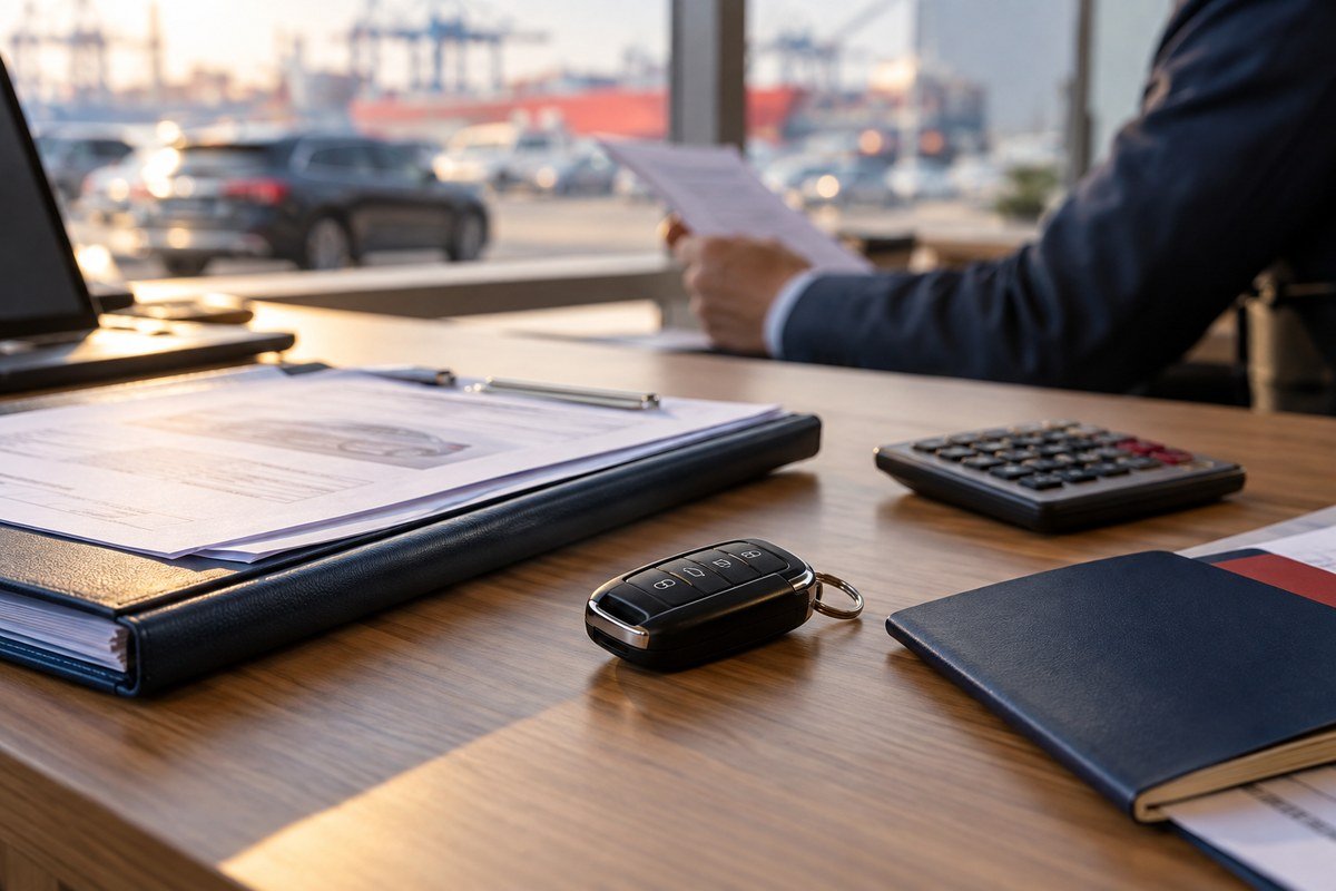 Import documents and car key on a desk