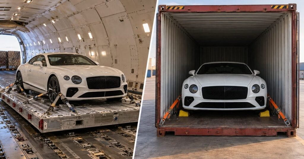Luxury coupe on an air cargo pallet beside the same model secured in an enclosed shipping container