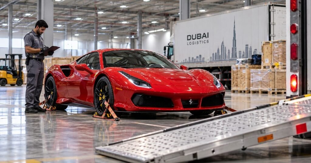 Red Ferrari secured with wheel straps in a Dubai logistics warehouse ahead of shipping