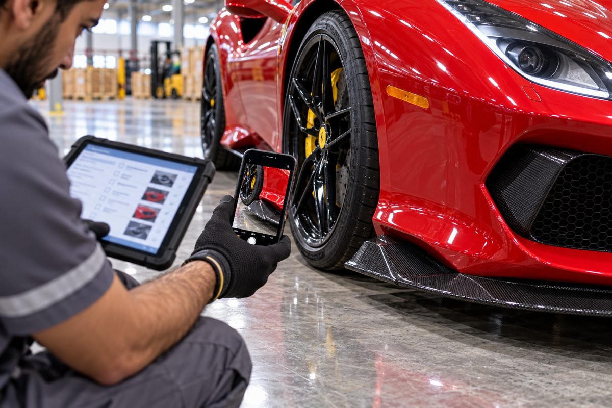 Handler photographing a Ferrari wheel and front splitter for a pre-shipping condition record