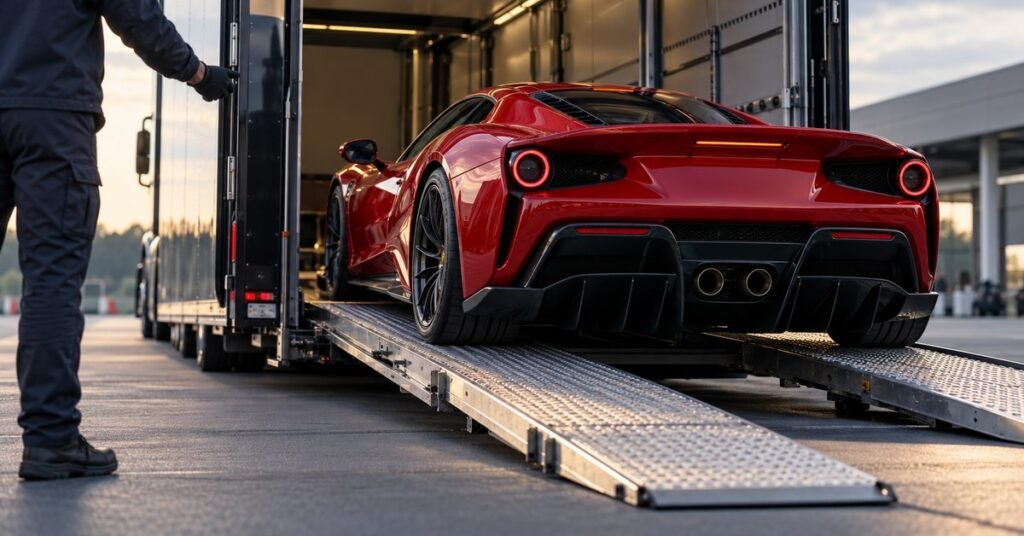 Supercar loaded into an enclosed transporter