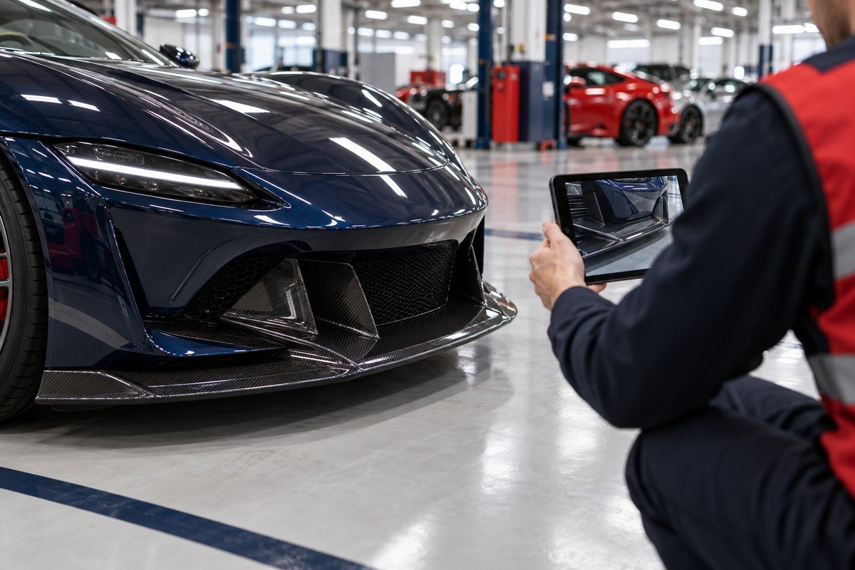 Condition check on a sports car before shipping