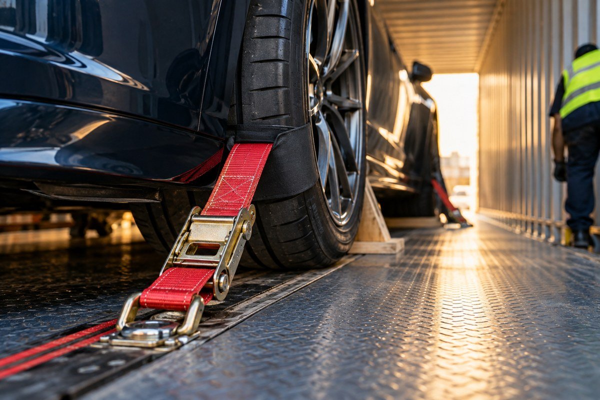 Car secured with wheel straps inside a container