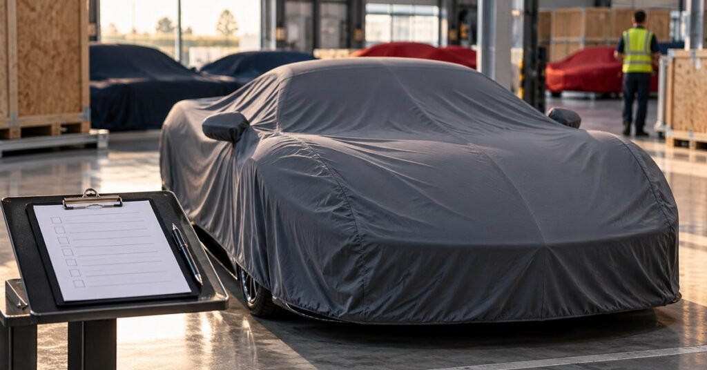 Protected car before shipping with a checklist