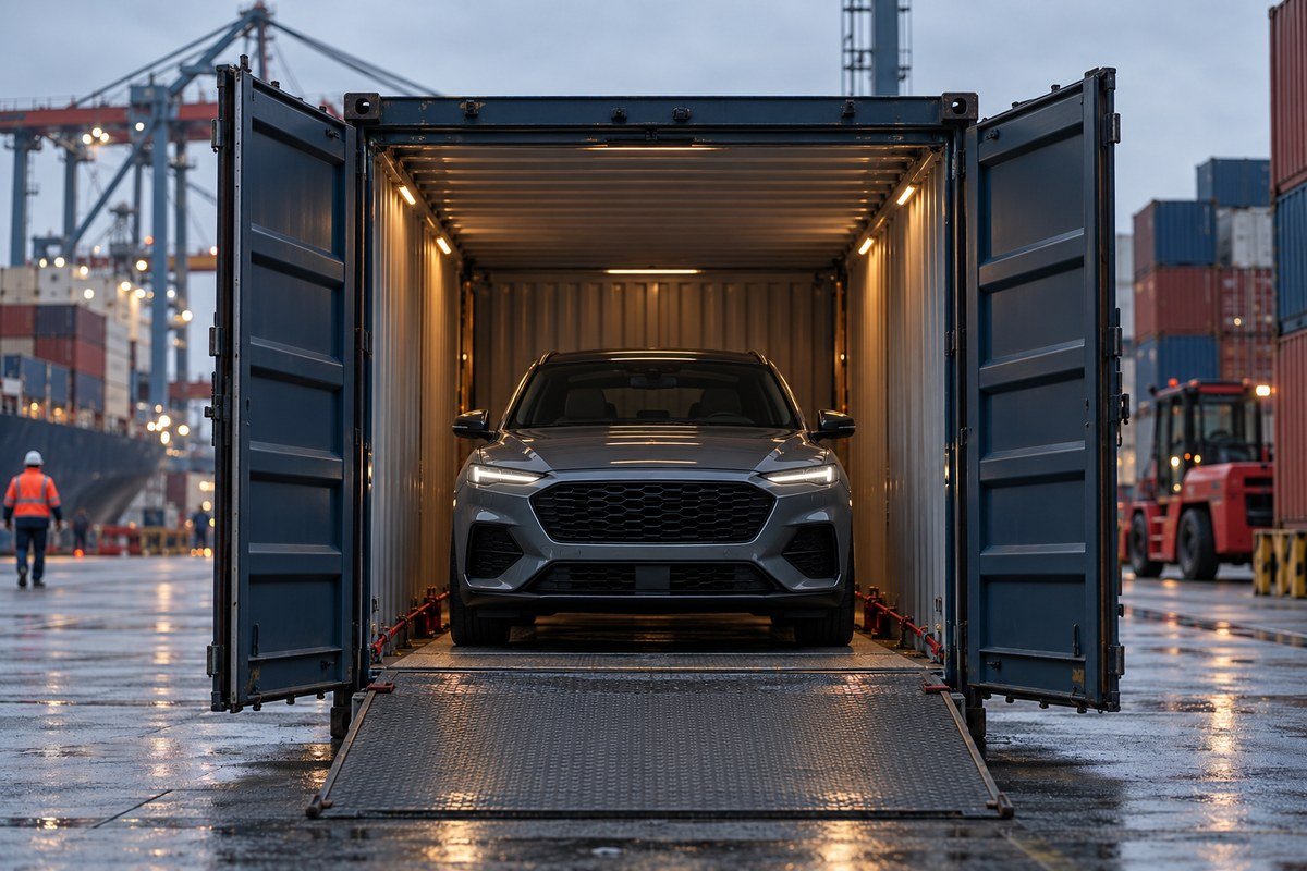 Car arriving by container at a European port